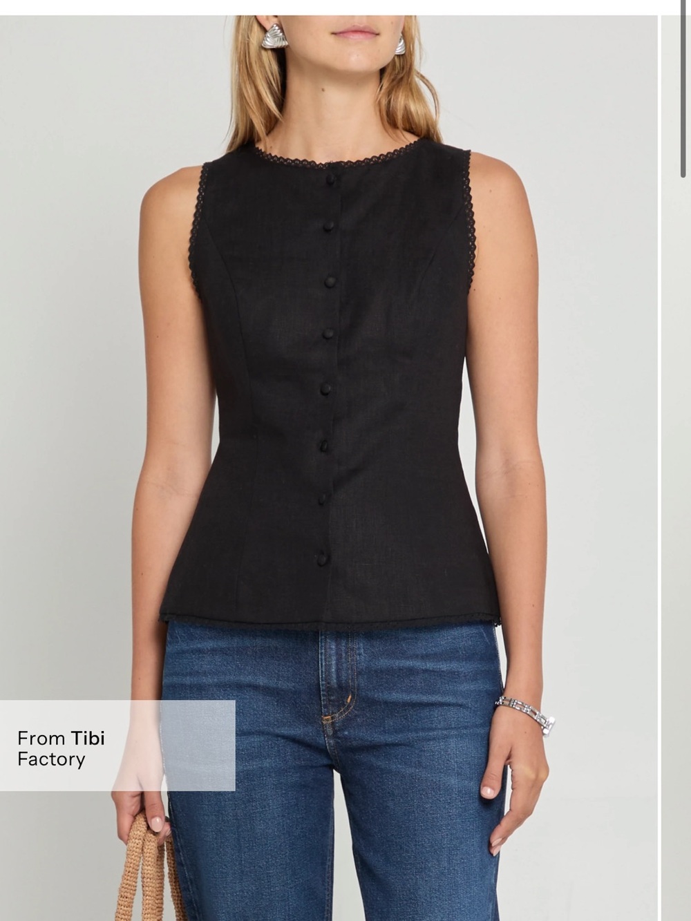 Kourt Few Moda Micah Black Sleeveless Button-Front Linen Top